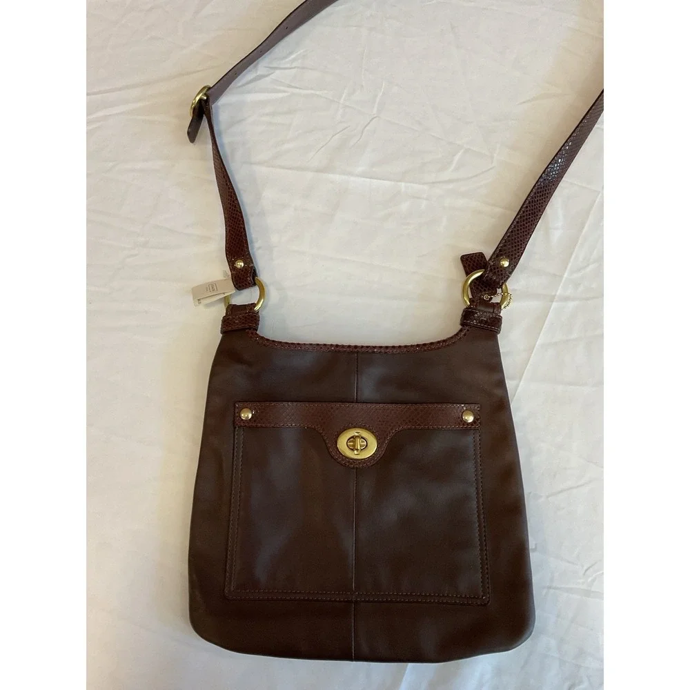 COACH Brown Leather Crossbody Bag Snake Embossed Trim Brass Hardware NWT $248